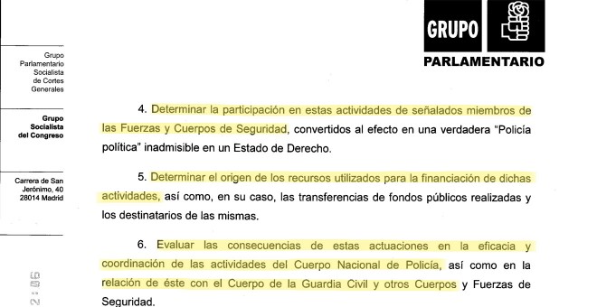 Fragmento de la solicitud de creación de la comisión de investigación sobre 'la utilización partidista del Ministerio del Interior', presentada por el Grupo Parlamentario Socialista a la Mesa del Congreso de los Diputados.