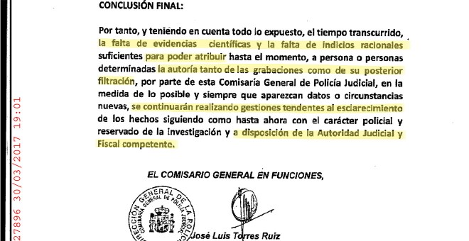 Informe de la Policia Judicial a la Comisión de Investigación: la conclusión de la Policía Judicial es que carece de 'evidencias científicas e indicios racionales' para atribuir la autoría de las grabaciones y de su filtración.