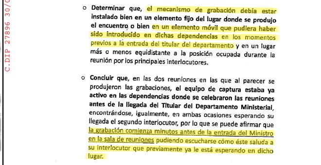 Informe de la Policia Judicial a la Comisión de Investigación: descripción de la ubicación y posible introducción del mecanismo de grabación en el despacho del ministro del Interior.