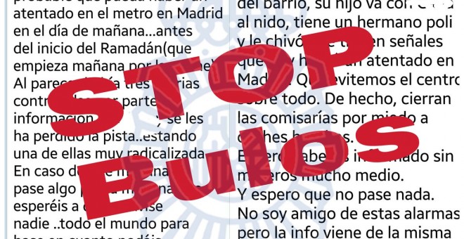 Imagen difundida por la Policía Nacional a través de su cuenta de Twitter para poner freno a los bulos que circulan por Internet sobre la posibilidad de un ataque terrorista en España./ Twitter