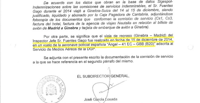 Extracto del oficio 'reservado' del subinspector general de la Policía en el que se detalla el viaje de Fuentes Gago a Suiza y su regreso en la aeronave policial 'Ángel-41EC-GBB'.