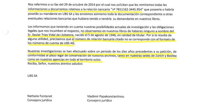 Extracto del certificado de la Unión de Bancas Suizas desmintiendo la cuenta de Trias y explicando que el número publicado ni siquiera corresponde al formato que ellos emplean.