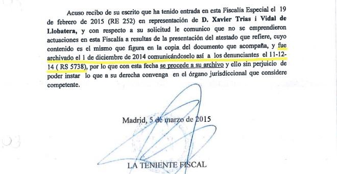 Fragmento del certificado de Anticorrupción sobre el archivo de la causa contra Trias.