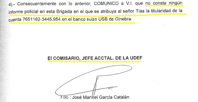 La UDEF niega tener conocimiento de la supuesta cuenta de Trías en Suiza.