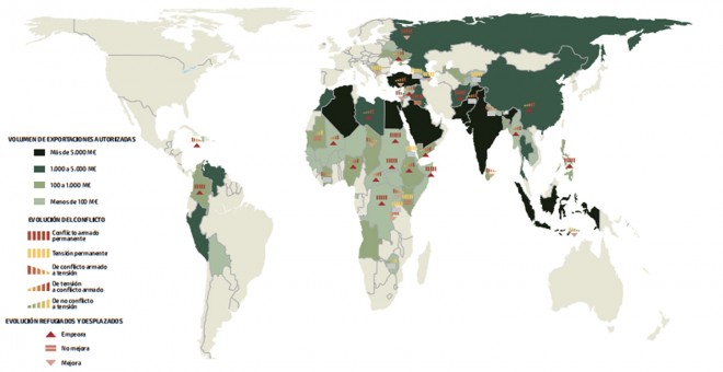 Mapa de las exportaciones de armas europeas a países en conflicto y número de refugiados.- CENTRE DELÀS