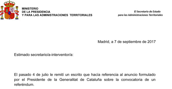 Encabezado de la carta del Ministerio de la Presidencia a los ayuntamientos catalanes.