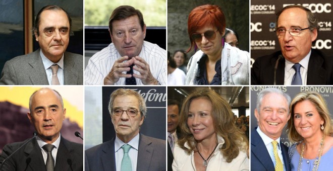 De i.a d., y de arriba a bajo, Carlos March, Jorge Gallardo Ballart, Sandra Ortega, Antonio Hernández Calleja, Rafael del Pino, César Alierta, Alicia Koplowitz, y Alberto Palatchi y Susana Gallardo. EFE