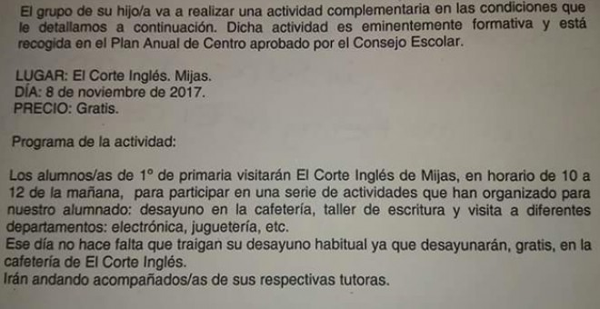 Petición de autorización para visitar El Corte Inglés remitida por el colegio público, donde se exponen los detalles de esta 'actividad formativa'.