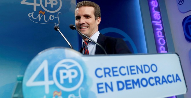 El vicesecretario de Comunicación del PP, Pablo Casado, durante la rueda de prensa que ha ofrecido tras la reunión del Comité de Dirección del partido. EFE/Chema Moya