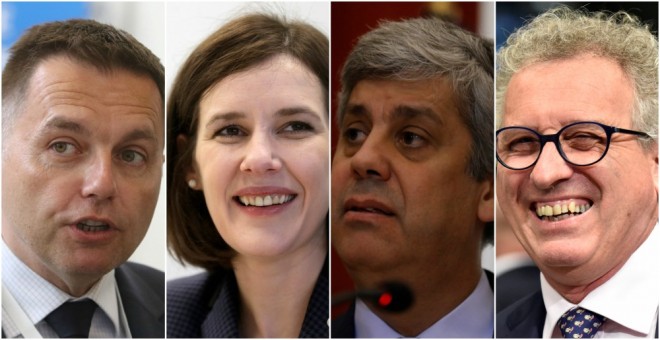 Los ministros Peter Kazimir, de Eslovaquia, Dana Reizniece-Ozola, de Letonia, Mario Centeno, de Portugal, y Pierre Gramegna, de Luxemburgo, candidatos a la Presidencia del Eurogrupo. REUTERS