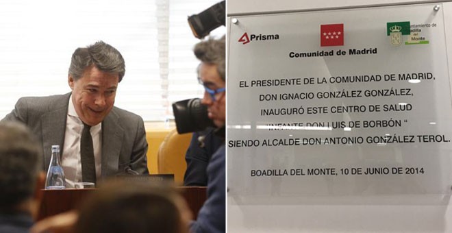 Ignacio González declara por el caso Lezo. A la derecha, placa en un centro médico de Boadilla / EFE