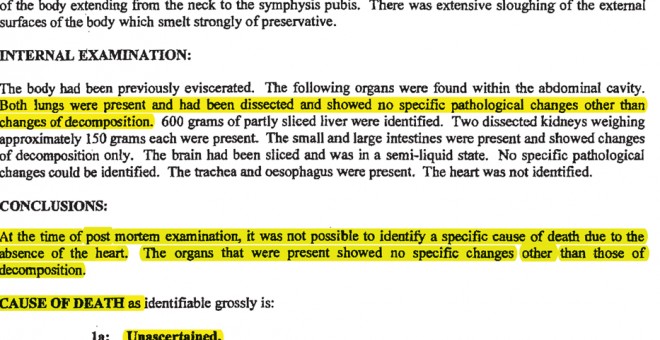 Fragmento de la autopsia británica donde se dio a conocer que su cadáver carecia de corazón y parte del hígado