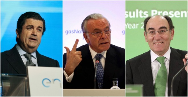 De izquierda a derecha, Borja Prado (Endesa), Isidre Fainé (Gas Natural Fenosa), y José Ignacio Sánchez Galán (Iberdrola). EFE/REUTERS