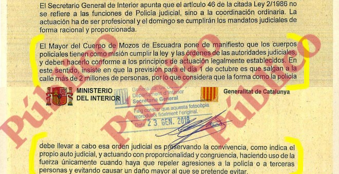 Párrafo del acta oficial de la Junta de Seguridad extraordinaria en el que Trapero avisa a Pérez de los Cobos de que las órdenes judiciales no permiten usar la violencia contra los ciudadanos.