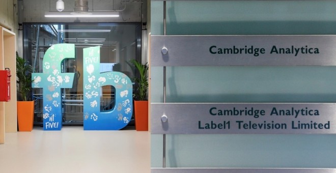 Imagen de la sede de Cambridge Analytica con un logo de Facebook al fondo. REUTERS