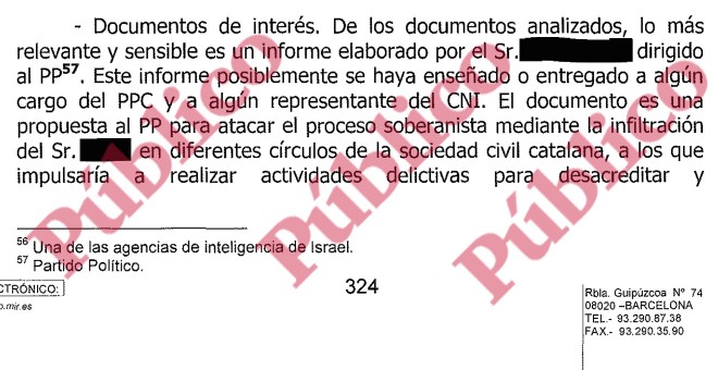 Fragmento de una de las 203 páginas del 'Libro Segundo' del Oficio 3022/17 de la Brigada Provincial de Barcelona de la Policía Nacional, en el que se revela la identidad del 'agente Hebrón', cuyo nombre hemos tachado en 'Público'.