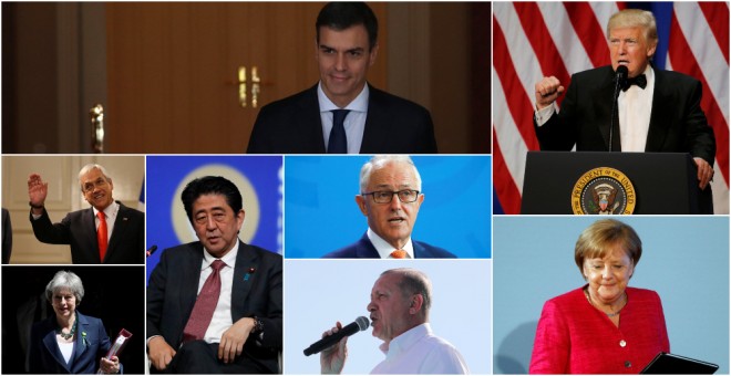 De izquierda a derecha y de arriba a abajo, Pedro Sánchez, presidente del Gobierno de España; Donald Trump, presidente de EEUU; Sebastián Piñera, presidente de Chile, Shinzo Abe, primer ministro de Japón: Malcolm Turnbull, primer ministro de Australia; Th