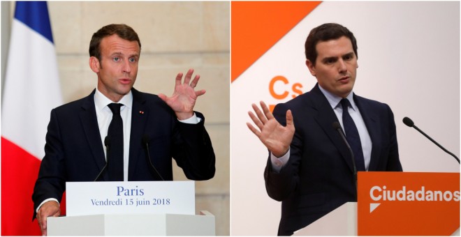 El presidente de Francia, Emmanuel Macron, en una intervención en el Palacio del Eliseo, y el presidente de Ciudadanos, Albert ivera, en una comparecencia en la sede del partido en Madrid. REUTERS