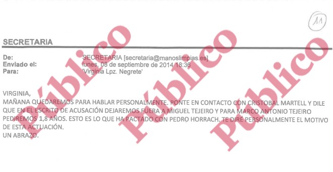 Email enviado por Miguel Bernad a su letrada, Virginia López Negrete, acerca de retirar la imputación a Miguel Tejeiro y rebajarla a su hermano Marco Antonio Tejeiro, asesor fiscal de Urdangarín y cuñado de su exsocio, Diego Torres.