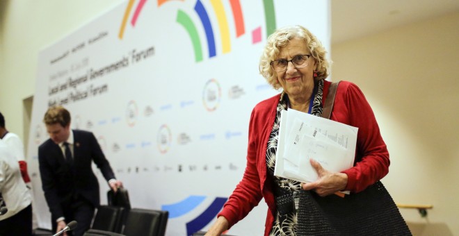 La alcaldesa de Madrid, Manuela Carmena, sonríe al final de su participación en un foro sobre Desarrollo Sostenible hoy, lunes 16 de julio de 2018, en la sede del organismo en Nueva York (EE.UU.). EFE/Eduardo Muñoz Álvarez