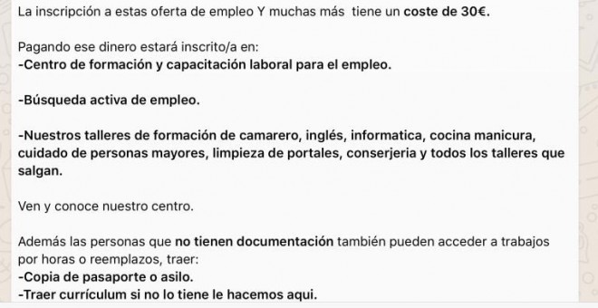 Anuncio que circula por Whatsapp en el que se piden 30 euros por optar a un puesto de trabajo.