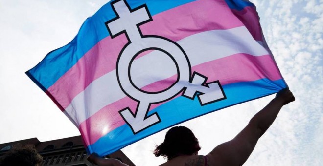 Una persona sujeta una bandera trans y género neutro durante una manifestación en Berlín. | EFE