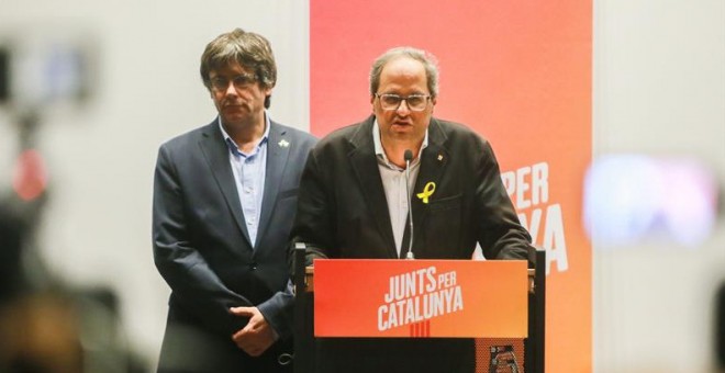 Carles Puigdemont i Quim Torra, aquest dimecres 5 de setembre a Brussel·les. EFE / Stéphanie Lecocq.