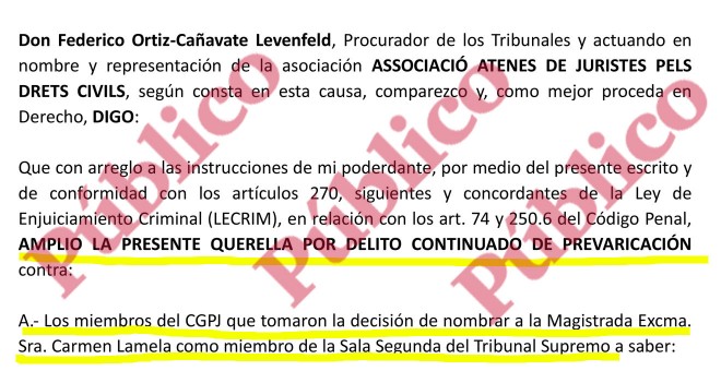 Encabezado de la ampliación de la querella de la Asociación Atenas de Juristas contra todo el Consejo General del Poder Judicial.