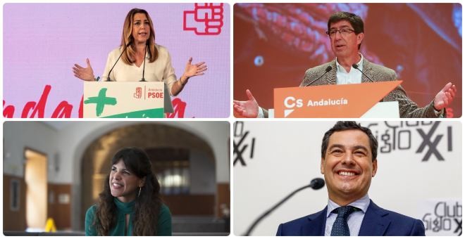 Los cuatro candidatos a la presidencia de Andalucía: Susana Díaz (PSOE), Teresa Rodríguez (Adelante Andalucía), Juan Marín (Cs) y Juanma Moreno (PP)