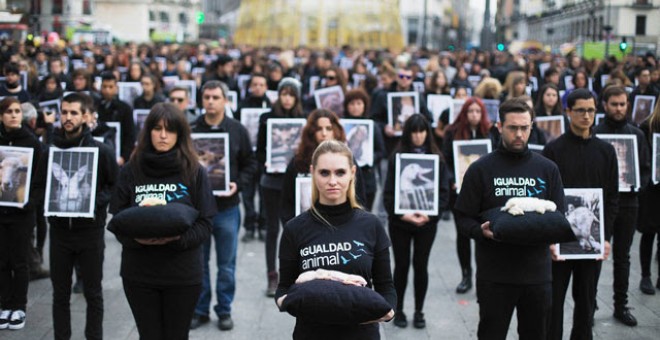 Protesta de Igualdad Animal en la Puerta del Sol. Fotografía: Javier Gamonal / Igualdad Animal