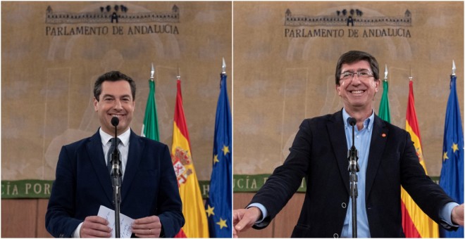 El líder del Partido Popular andaluz, Juanma Moreno Bonilla, y su homólogo en Ciudadanos, Juan Marín, durante su comparecencia tras la reunión que han mantenido esta tarde en el Parlamento andaluz en Sevilla con Ciudadanos para tratar sobre el cambio de G