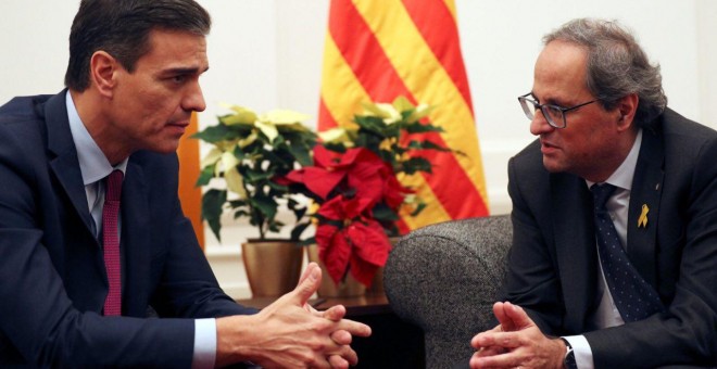 Pedro Sánchez i Quim Torra a la reunió que han mantingut al Palau de Pedralbes.