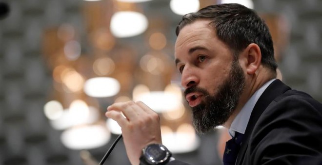 14/01/2019.- El presidente de Vox, Santiago Abascal, durante su participación esta mañana en un desayuno-coloquio organizado por el Club Siglo XXI. EFE/Juan Carlos Hidalgo