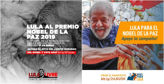 Carteles de la campaña pidiendo la candidatura de Lula para el Nobel de la Paz