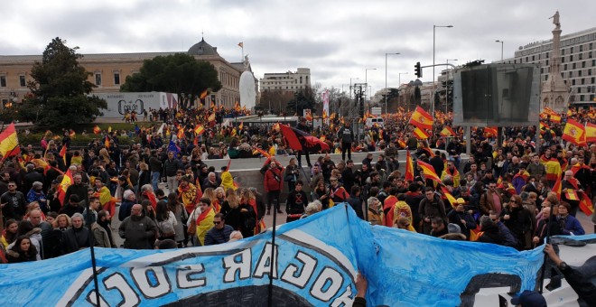 Miembros del grupo neonazi Hogar Social Madrid portan una pancarta con el escudo de la organización en Colón./ Fermín Grodira