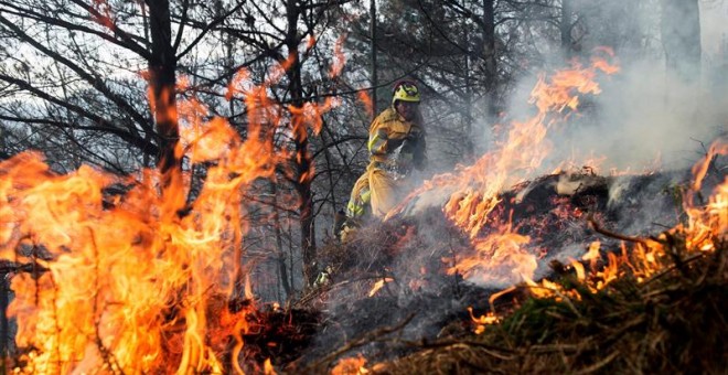 Agentes de montes de Cantabria apagan un incendio forestal este miércoles en los montes de la localidad cántabra de Vargas. EFE/ Pedro Puente Hoyos