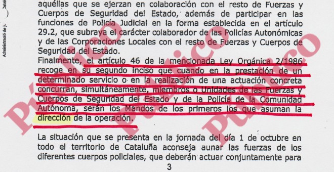 Fragmento del auto del TSJC 3/2017 de 27 de septiembre que subraya que los mandos de las fuerzas de seguridad del Estado asumirán la dirección de una operación conjunta con la policía autonómica.