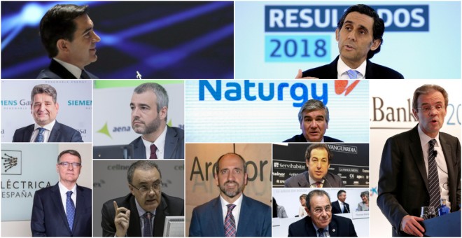 De izquierda a derecha y de arriba a abajo, Carlos Torres (BBVA), José María Alvarez Pallete (Telefónica), Miguel Ángel López (Siemens Gamesa), Maurici Lucena (Aena), Francisco Reynés (Naturgy), Jordi Gual (Caixabank), Jordi Sevilla (REE), Tobías Martínez