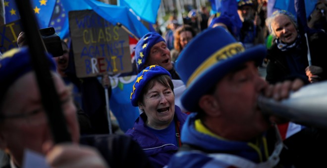 Una partidaria anti-brexit protesta frente al Palacio de Westminster. | Reuters