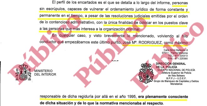 Fragmento del informe final de la Brigada Provincial de la Policía Judicial sobre el entramado de la mafia política y policial de Palma organizada por el PP de Balears.