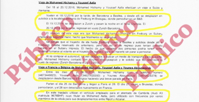 Informe reservado del servicio secreto sobre los viajes en Europa, a finales de 2016, de los autores de los atentados de Barcelona y Cambrils.