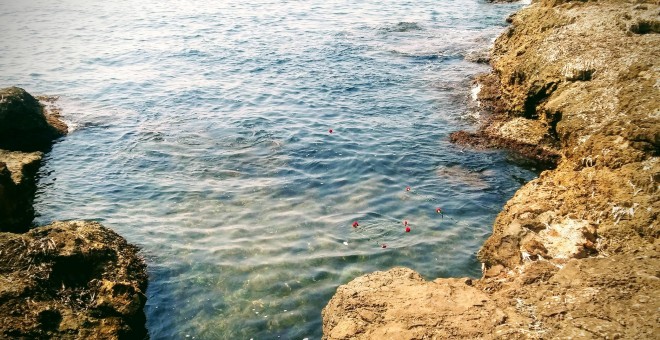 Varias personas arrojan rosas rojas en memoria de las víctimas del bombardeo, el año pasado, en el paseo marítimo Juan Aparicio, jerarca de la dictadura.