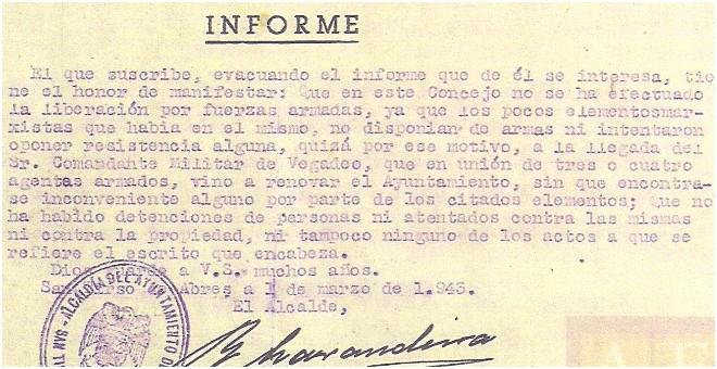 Informe donde el alcalde franquista de Santiso d'Abres asegura que 'no hubo detenciones de personas ni atentados contra las mismas'. / P.A.