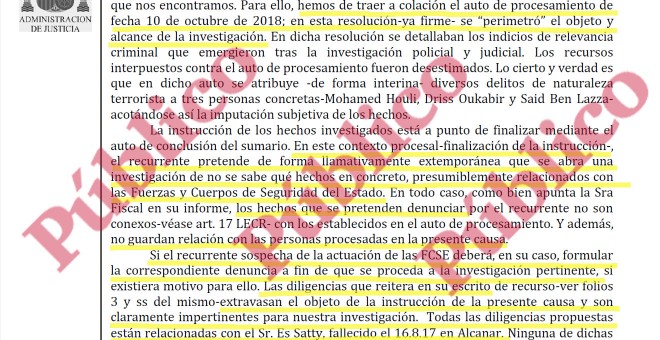 Fragmento del auto de la Audiencia Nacional que desestima el recurso del padre de Xavier Martínez, asesinado en Las Ramblas con 3 años de edad.