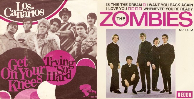 Singles de Los Canarios y The Zombies editados en Francia  y Alemania, respectivamente.