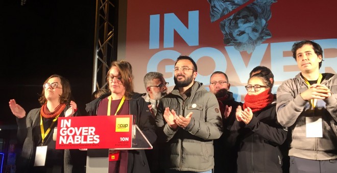 La candidata de la CUP al Congrés dels Diputats, durant les valoracions posteriors a l'escrutini des de la seu del carrer Casp, a Barcelona. CUP