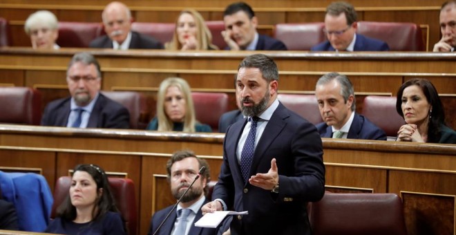 El presidente de Vox, Santiago Abascal, durante su intervención este martes en la sesión constitutiva de las Cortes. /EFE