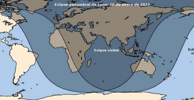 Zonas donde se podrá observar el eclipse del 10 de enero (en algunas regiones solo durante la salida de la Luna –Atlántico– o puesta –Pacífico–). / OAN-IGN