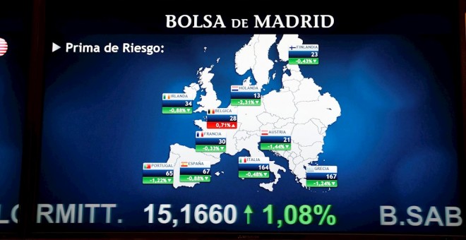 Un monitor en el paio de negociación de la Bolsa de Madrid muestra la evolución de la prima de riesgo de la deuda de los países de la Eurzona. EFE/Zipi