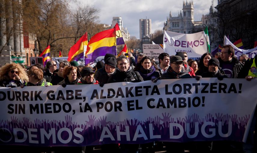 Más de 100.000 personas han participado este sábado en la Marcha del Cambia, convocada por Podemos en Madrid. -JAIRO VARGAS